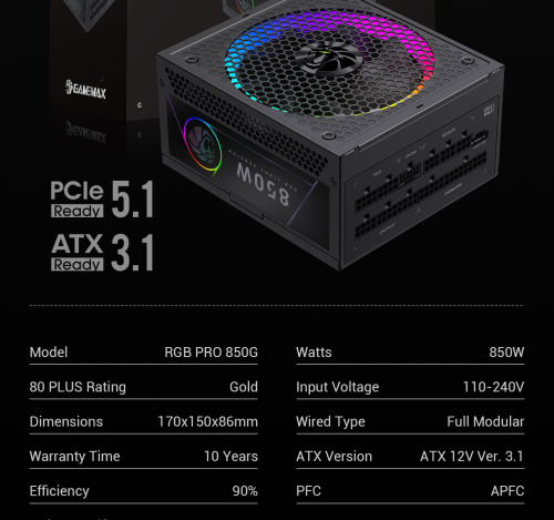 Блок живлення GAMEMAX RGB PRO 850G в Notebooker.ua фото 27